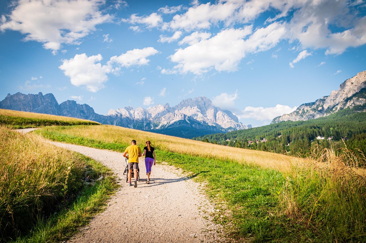 mountains, mountain peak, cortina d'ampezzo, italy, winding road, pine forest, forest, clouds, nature, people, walking, hike, people, people, people, people, people